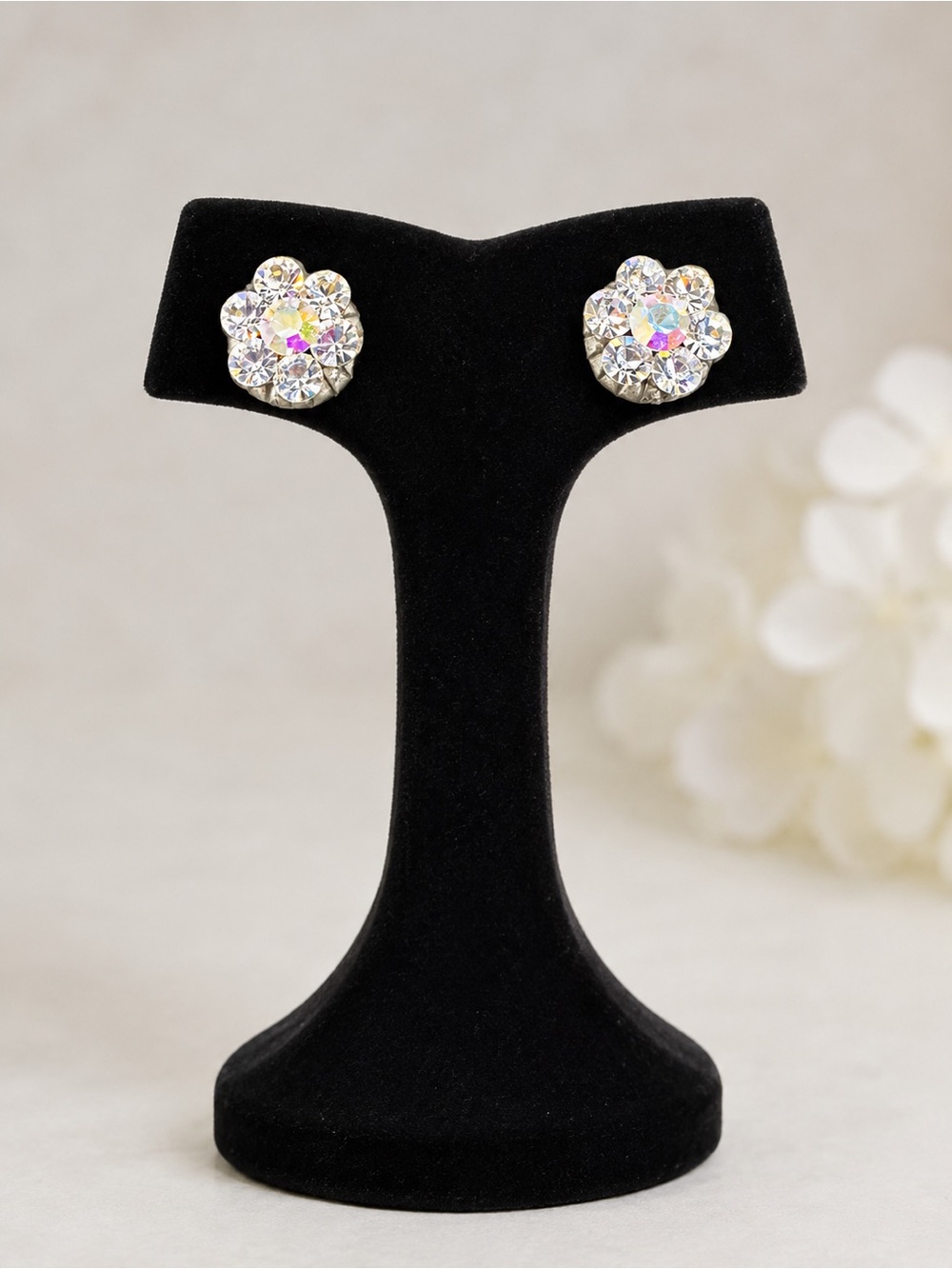 Crystal Flower Stud Earrings in Clear Aurora Borealis